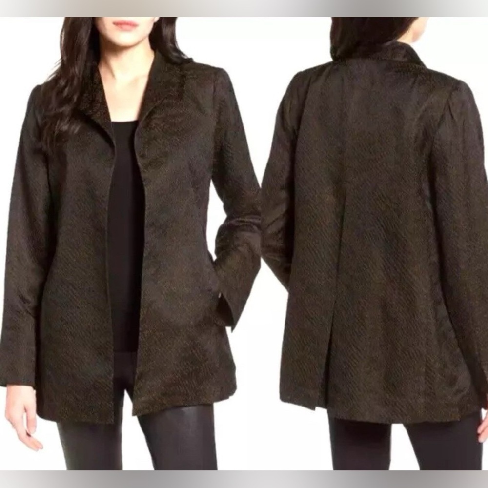 Eileen Fisher Medium Silk Blend Jacquard Wave Textured Open Front Jacket - Picture 2 of 13